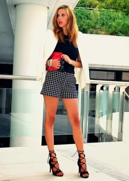 White Blazer with Black Blouse & Checkered Shorts