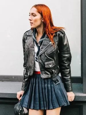 Biker Jacket with Navy Pleated Skater Skirt