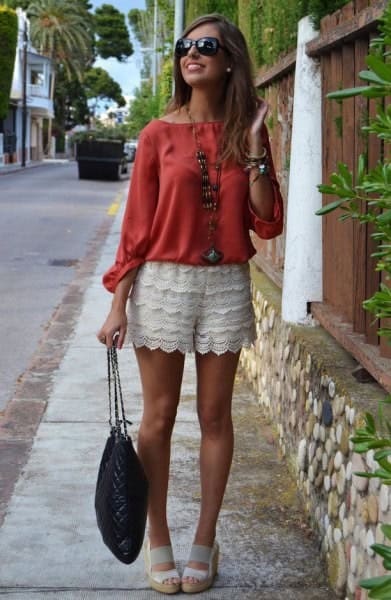 White Shorts with Red Boat Neck Buttonless Blouse