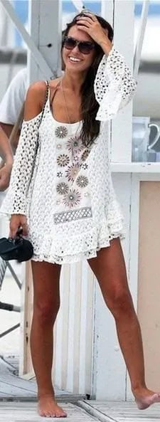 White Cold Shoulder Crochet Cover Up Dress