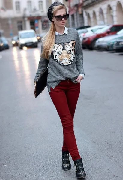 Grey Graphic Sweater with White Button Up Shirt & Maroon Skinny Jeans