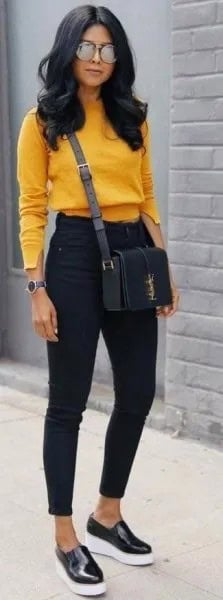 Mustard Cropped Knit Sweater with Black Slim Fit Jeans