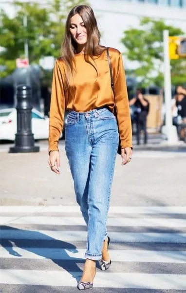 Lime Green Silk Sweater with High Waisted Blue Jeans