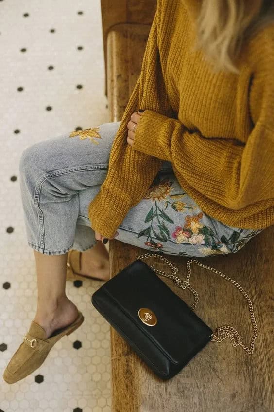 Embroidered Jeans and Mustard Yellow Sweater