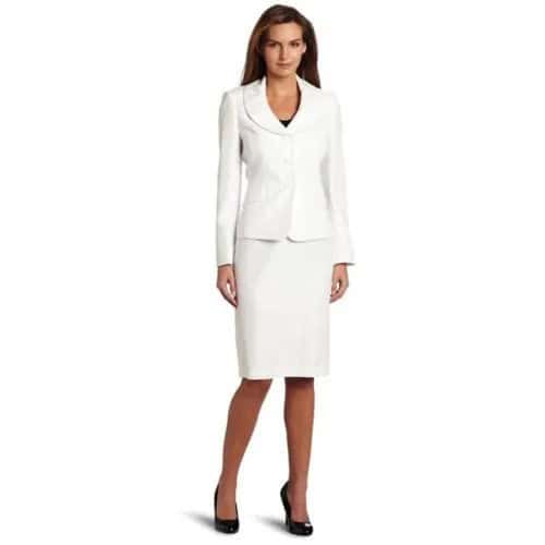 White Round Collar Blazer with Skirt & Black Leather Rounded Toe Heels