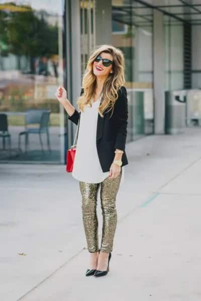 Black Blazer with White Tunic Top & Silver Glitter Pants