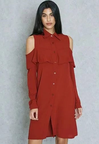 Cold Shoulder Burgundy Shirt Dress