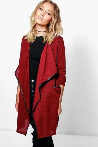 Long Red Linen Cardigan with Black Crew Neck Tee & Skinny Jeans