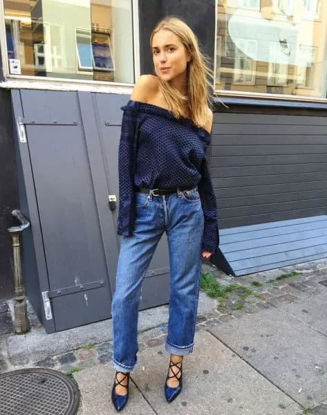 Dark Blue Off The Shoulder Blouse with Cuffed Jeans & Strappy Heels