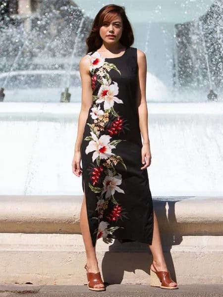 Black Floral Print Side Slit Maxi Dress with Brown Heeled Sandals