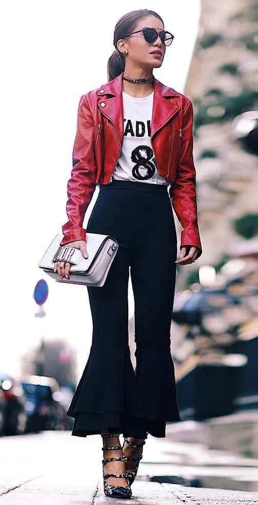 Bell Flare Pants + Red Leather Jacket