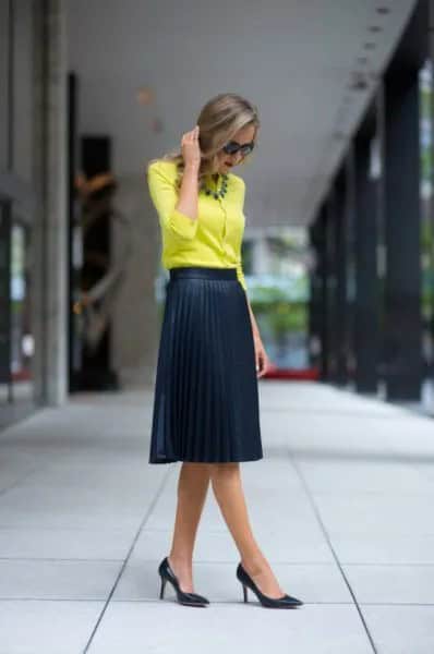 Yellow Blouse with Black High Waisted Pleated Midi Skirt