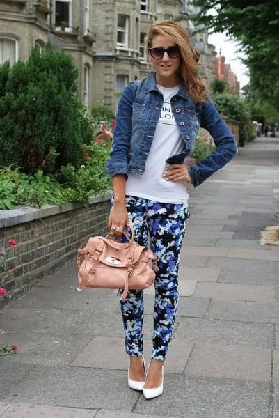 Blue and Black Floral Pants with White Print Tee & Denim Jacket