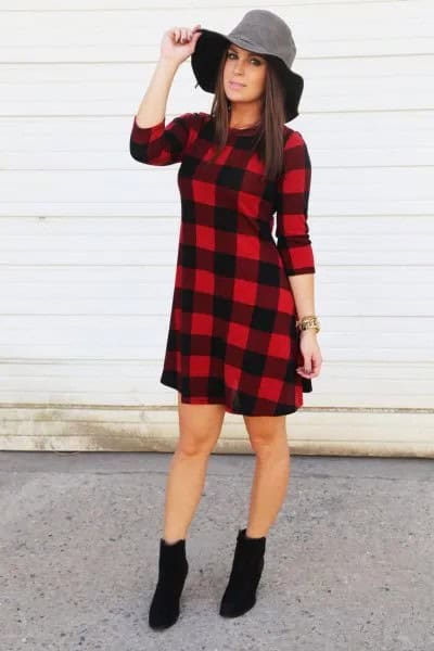 Red and Black Flannel Plaid Dress with Grey Floppy Hat