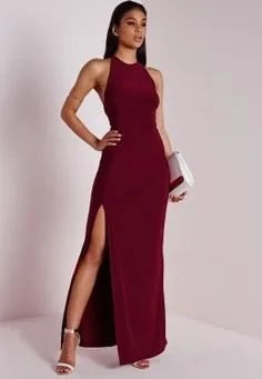 Burgundy Halter High Split Maxi Cocktail Dress