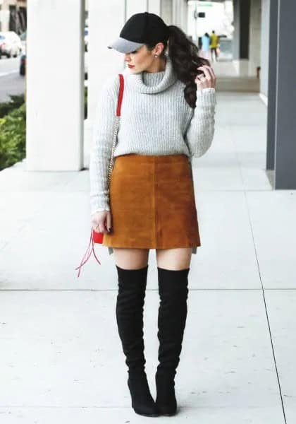 Grey Cowl Neck Sweater with Brown Suede Skirt & Black Thigh High Fall Boots