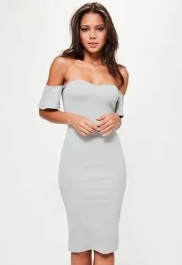 Pale Pink Bardot Bodycon Midi Dress with Heels