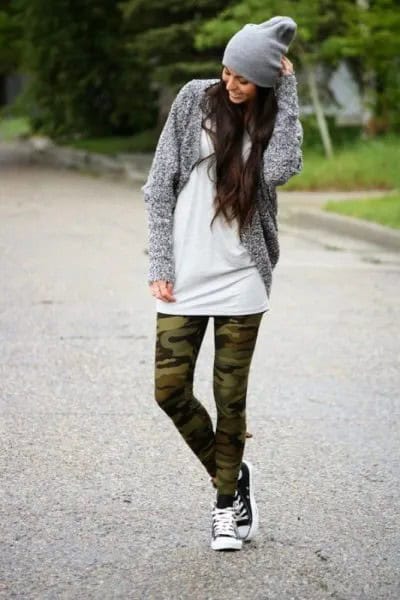 White Tunic Dress with Heather Grey Cardigan & Camo Leggings