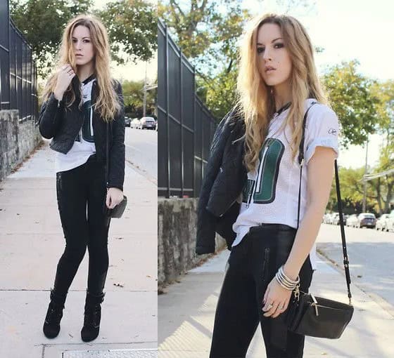 White Print Tee with Black Skinny Jeans & Leather Shoulder Bag