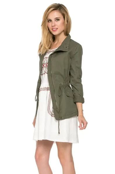 Olive Jacket with White Tribal Printed Mini Shift Dress