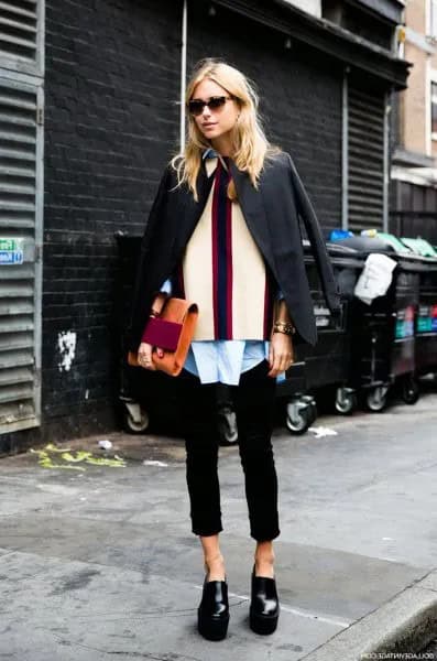 Black Blazer with Pale Yellow Printed Shirt & Capris