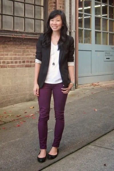 Black Blazer with Purple Skinny Jeans & Ballet Flats