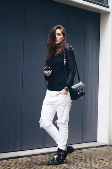 Black Mock Neck Fitted Sweater with White Boyfriend Jeans