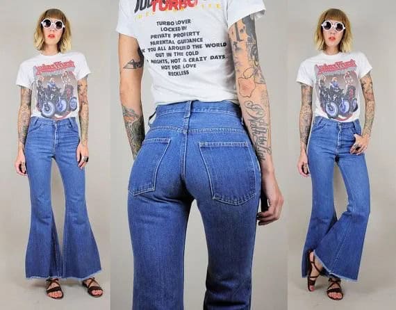 White Print Tee with Blue High Waisted Bell Bottom Jeans