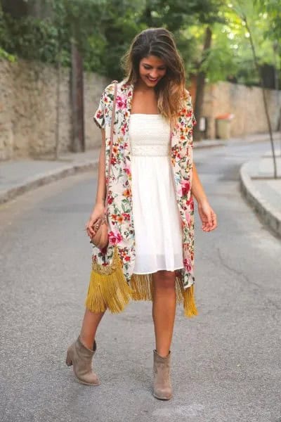 Orange and White Longline Short Sleeve Cardigan with Fit and Flare Midi Dress