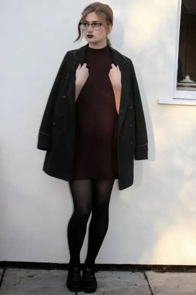 Black Turtleneck Dress with Long Wool Coat