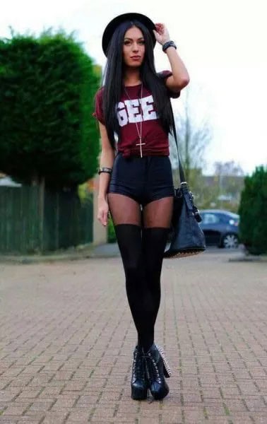 Burgundy Knotted Tee with Black Mini Shorts & Thigh High Tights