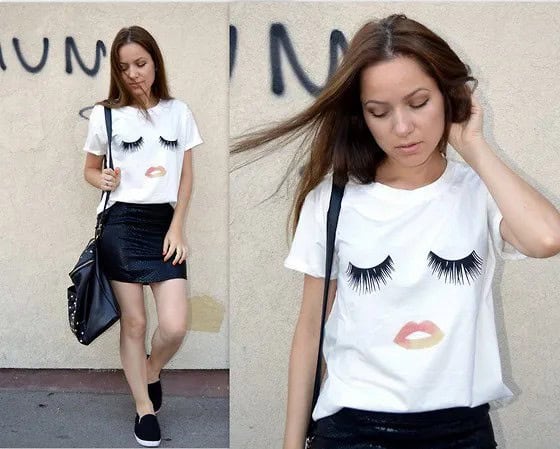 White Funny Graphic Tee with Black Mini Leather Skirt