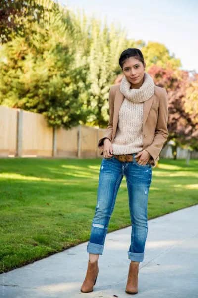 White Turtleneck Ribbed Sweater with Crepe Blazer & Cuffed Skinny Jeans