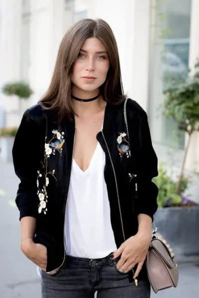 Black Jacket with Choker & Deep V Neck Tank Top