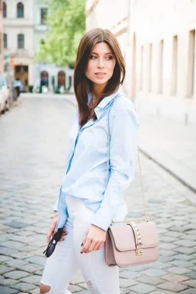 Light Blue Pinstripe Shirt with White Skinny Jeans