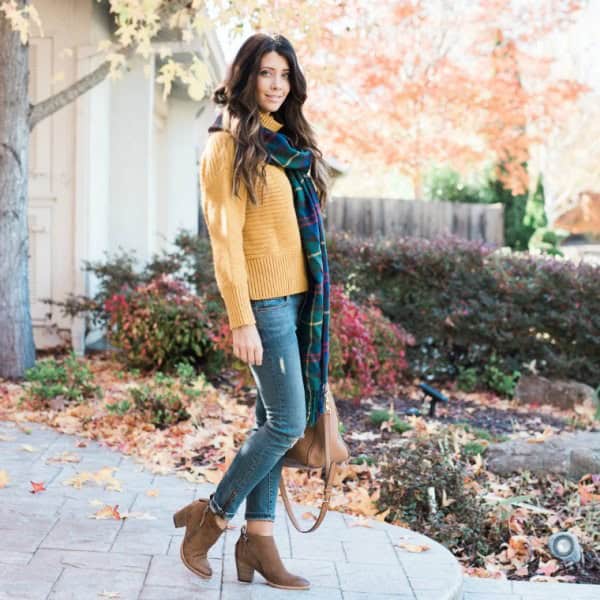 Mock Neck Sweater with Long Navy and Green Plaid Scarf