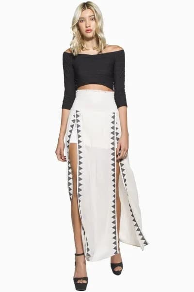 White Maxi Skirt with Black Three Quarter Sleeve Off Shoulder Crop Top