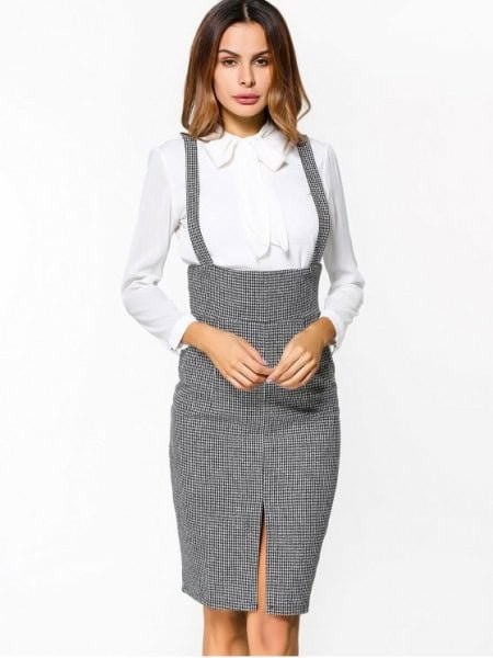 Grey Tweed Suspender Midi Bodycon Skirt with White Shirt