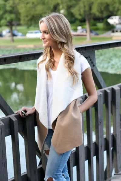 White Shearling Vest with T Shirt & Jeans