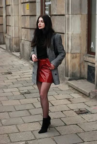 Plaid Oversized Suit Jacket and Red Leather Skirt