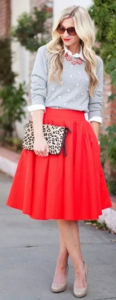 Red Skirt with Grey Sweater & Cheetah Bag