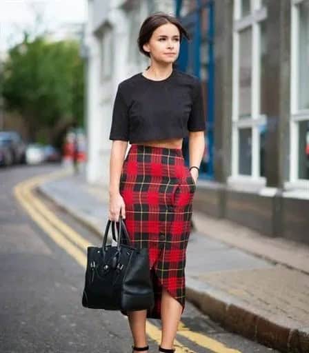 Black Cropped T Shirt with Midi Red Plaid Skirt