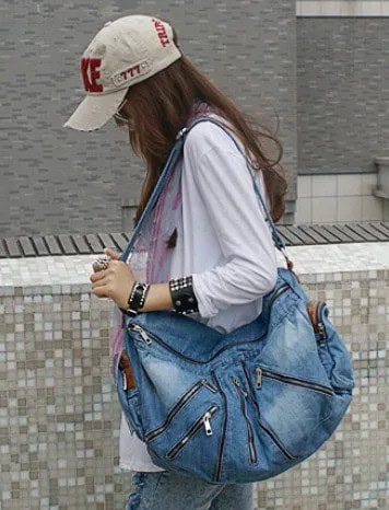 Lovely Blue Denim Travel Bag with Tunic Shirt & Washed Slim Cut Jeans