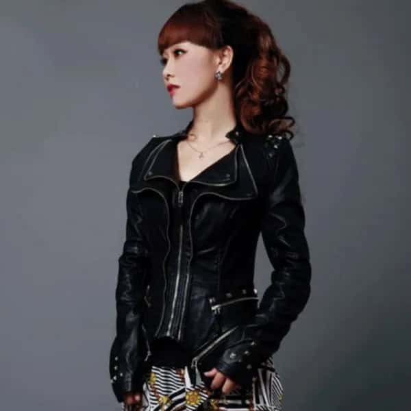 Short and Slim Fit Moto Jacket with Black and White Striped Mini Flared Skirt