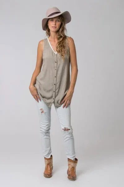 Grey V Neck Button Up Tunic with White Ripped Skinny Jeans