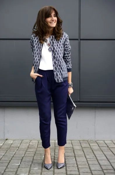 Black and White Printed Blazer with White Blouse & Cropped Navy Pants