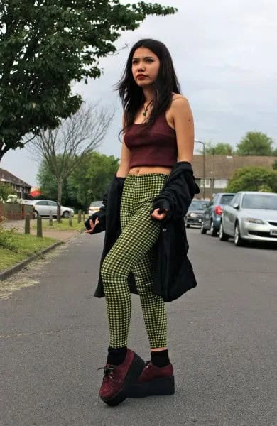 Black Cropped Tank Top with Shocking Green Plaid Skinny Pants