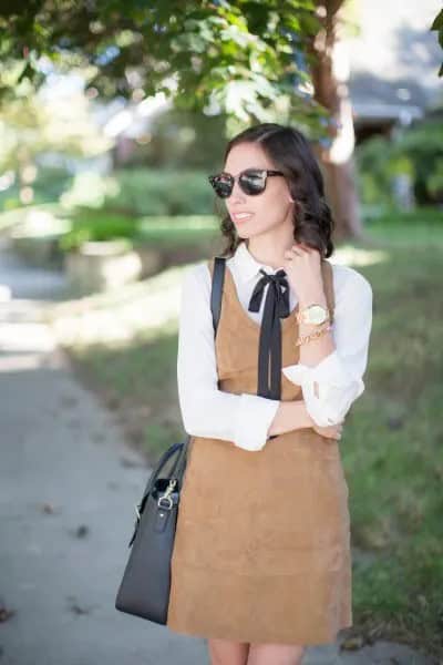 White Blouse with Camel Suede Dress