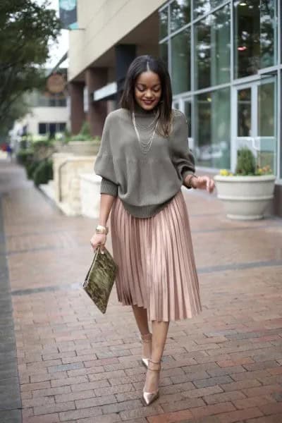 Green Crew Neck Knit Sweater with Rose Gold Pleated Skirt