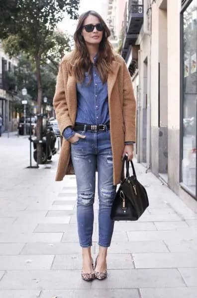 Camel Fleece Coat with Blue Chambray Shirt & Jeans